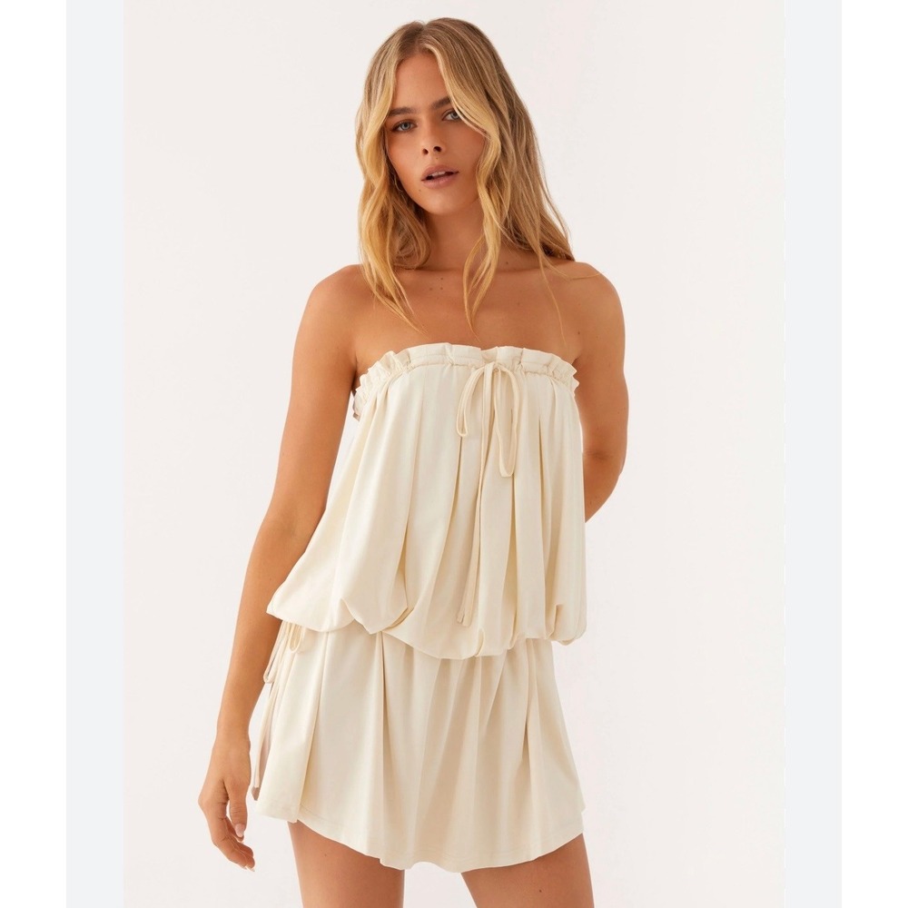 Peppermayo Leighton Strapless Mini Dress Cream Off-White Drawstring Size M/L